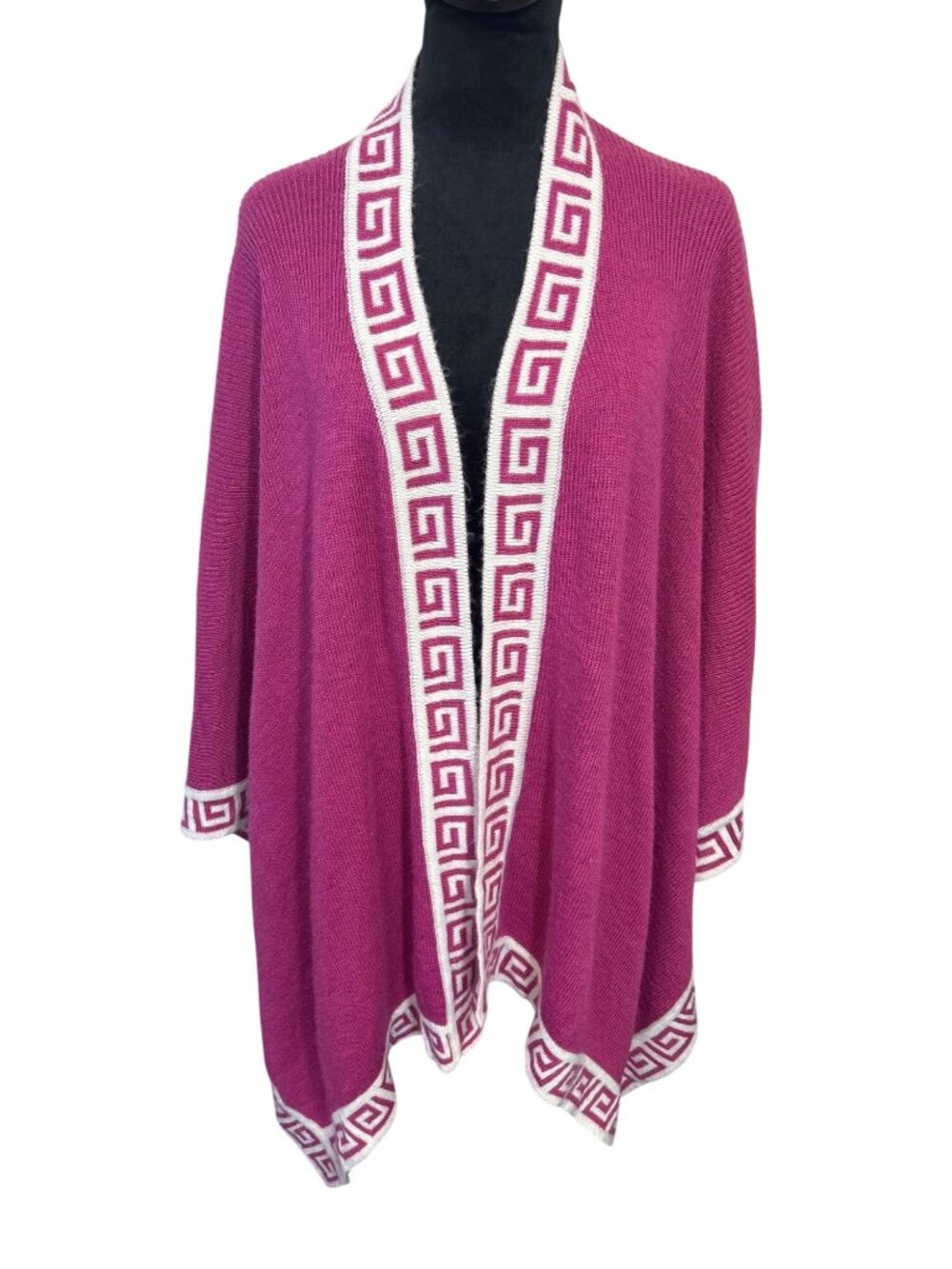 Peruvian 100% Alpaca Wool Women's Shawl Wrap Open Cardigan Pink Geometric Trim